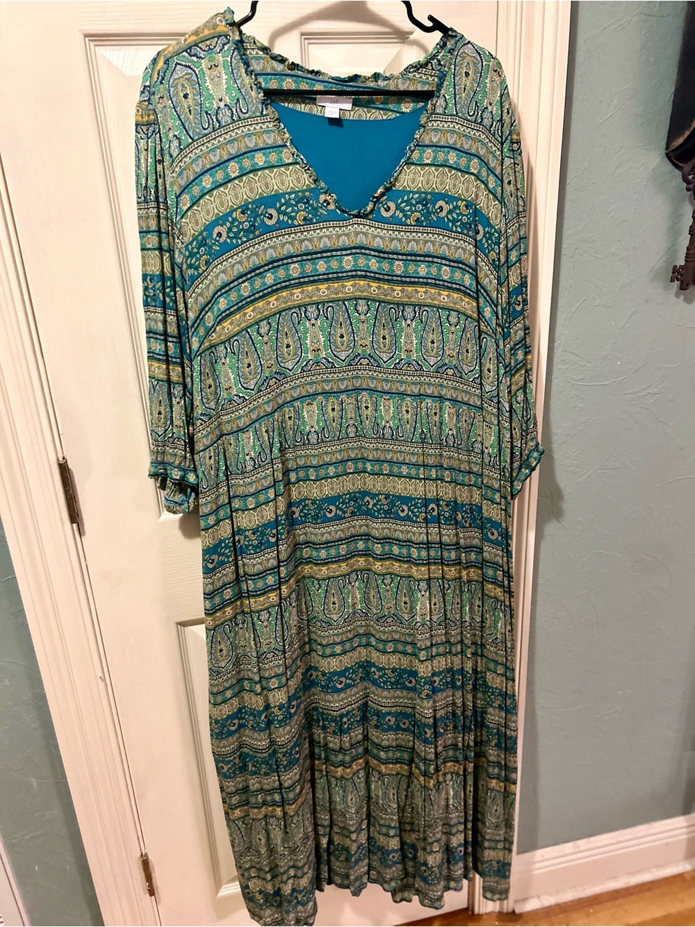 J. Jill Teal and Green Paisley Maxi Dress with Sunflowers